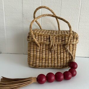 Woven Straw Handbag with Red Bead Accent